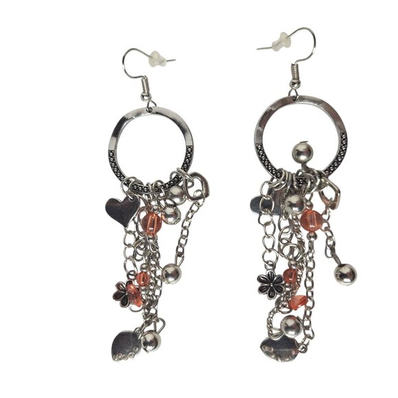 Silver Chain Earrings Heart Flower Charms Orange Beads Boho - Picture 1 of 2